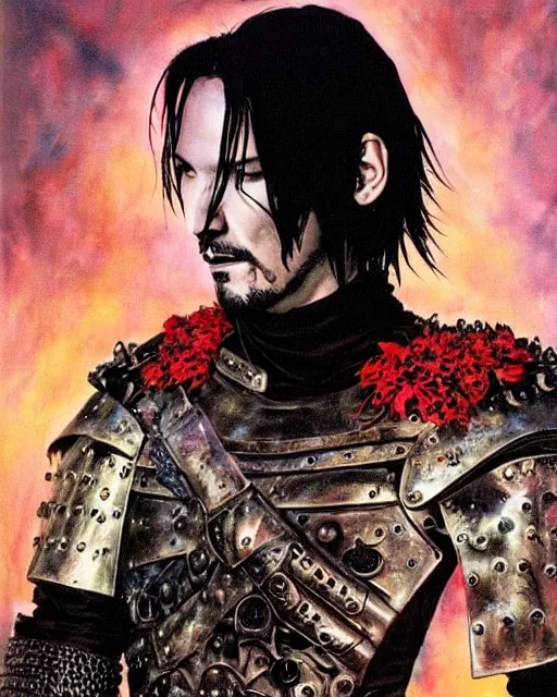 Image similar to portrait of a skinny punk goth keanu reeves wearing armor by simon bisley, john blance, frank frazetta, fantasy, thief warrior, colorful flowers floral