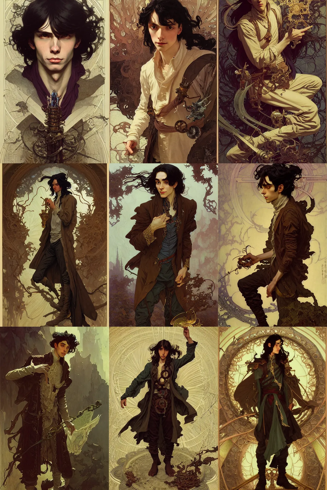 Prompt: thin young male alchemist, long dark hair, 1 9 th century, fantasy, highly detailed, intricate, smooth, art by joseph leyendecker, peter mohrbacher, ruan jia, marc simonetti, ayami kojima, cedric peyravernay, alphonse mucha, victo ngai