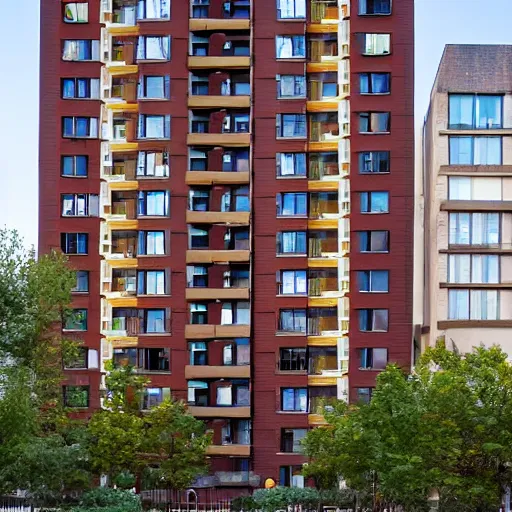 Image similar to apartment building with patios facing away from each other, in the style of frank lloyd wright