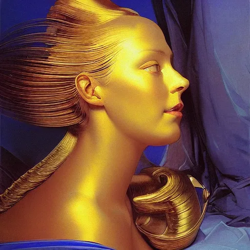 Image similar to a chrome woman's face in flowing sheets of cobalt blue gold chrome silver satin, by moebius syd mead roger dean wojciech siudmak donato giancola yoshitaka amano ivan aivazovsky jan de heem pieter claesz paul delaroche alma tadema aelbert cuyp willem claesz, hyperrealistic volumetric light render