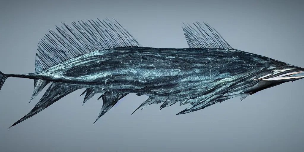 Image similar to sailfish, stylized layered textures, long flowing fins, bioluminescent orbs, 3 d render, substance painter, glowing eye, smooth, sharp focus, art by h r giger