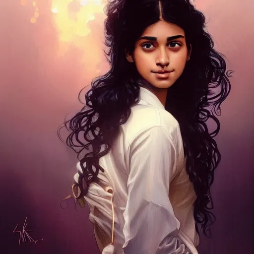 Image similar to portrait of a british teenage girl with wavy black hair, mixed desi girl with dark brown skin, half english half indian, glowing skin, fantasy, intricate, elegant, dress shirt, school uniform, highly detailed, digital painting, artstation, concept art, smooth, sharp focus, illustration, art by Krenz Cushart and Artem Demura and alphonse mucha