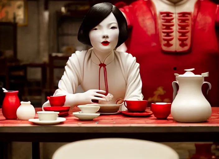 Prompt: movie still of a woman made out of porcelain sitting at a table in a cafe, wearing a red cheongsam, smooth white skin, creepy, directed by Guillermo Del Toro