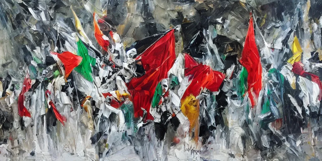 Image similar to dramatic oil painting of freedom for palestine, red green white black