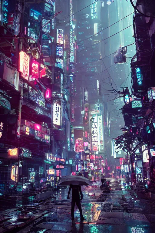 Prompt: cinematic photo of ancient overgrown cyberpunk tokyo with robot, night, rain, flowers, beautifully lit, hyperdetailed, unreal engine, photorealistic, denis villeneuve film look, blade runner set