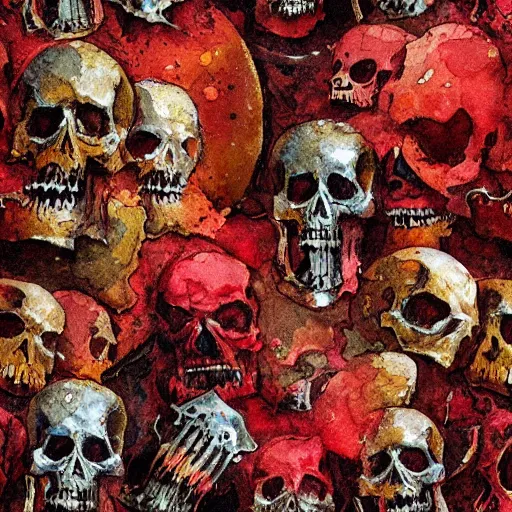 Prompt: seamless texture, red and gold, thick texture, watercolor, skulls, paul lehr, john harris,