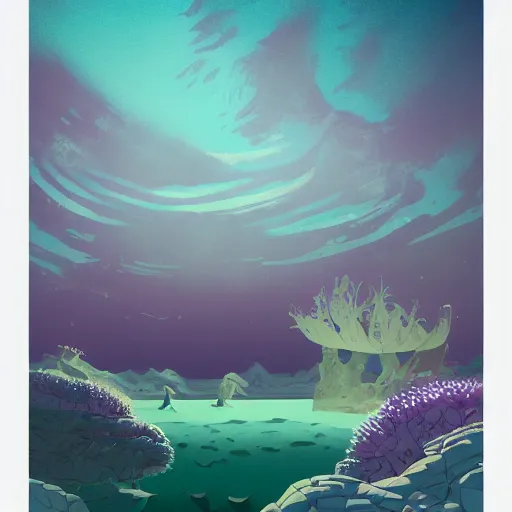 Image similar to sea under starry sky with reefs, light purple tones, animated film, stylised, illustration,, fantasy art, 2 d game art, by eyvind earle, scott wills, genndy tartakovski, roman shipunov, etienne hebinger, atey ghailan, cgsociety, cynical realism