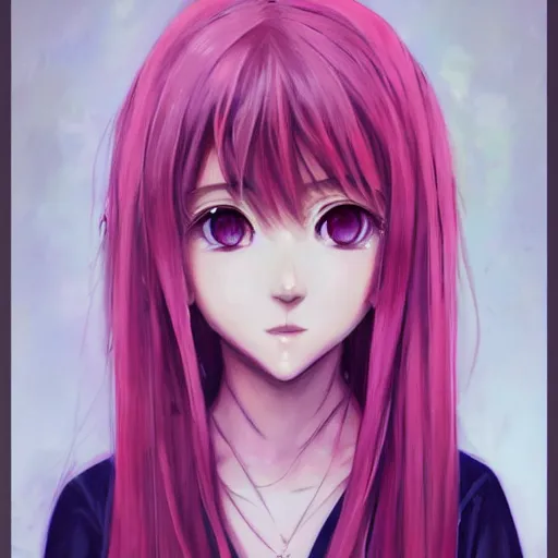 Image similar to beautiful portrait painting of an anime girl, cute, pink hair, symmetrical face, symmetrical eyes, two identical symmetrical eyes, portrait, beautiful girl, artstation, trending on artstation, gorgeous, smooth skin, cutie, long hair, fantasy style, pastel colors , forest background, FHD