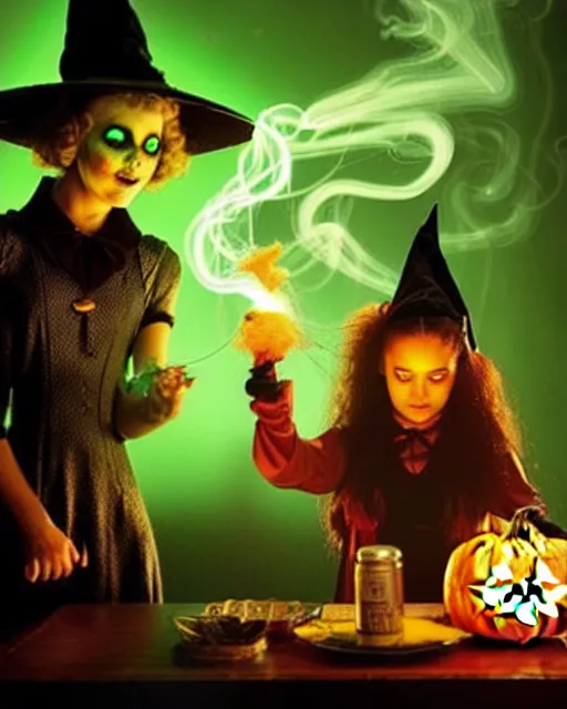 Image similar to close up portrait, serious teen witch mixing a spell in a cauldron, a cat is on the table, jack o lantern, wispy smoke fills the air, a witch hat, cinematic, green glowing smoke is coming out of the cauldron, strange ingredients on the table, strange apothecary shelves in the background, goosebumps movie