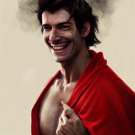 Image similar to portrait of a tall and handsome man is smiling, his face is like pure jade, his chest is bare, and he wears a red robe and his hair is disheveled, digital art painting by greg rutkowski, very attractive
