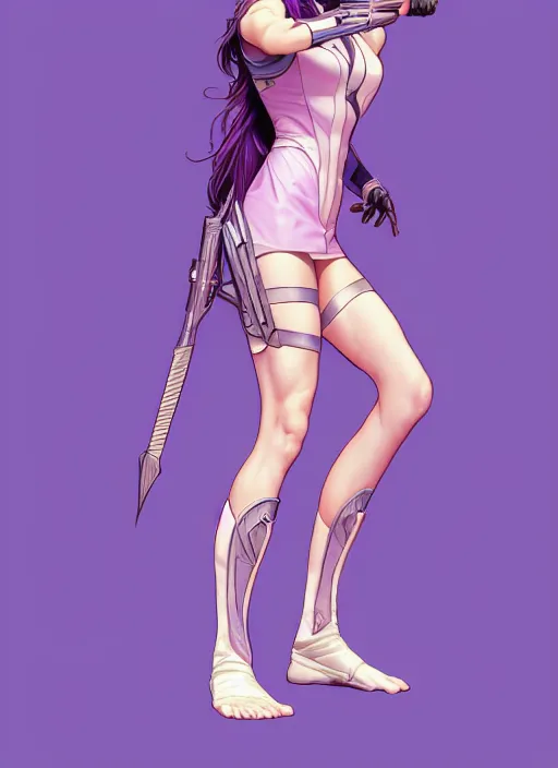 Prompt: Full-Body Portrait of Kate Bishop, Marvel, Hawkeye, fantasy, symmetrical face, blush, intricate, cute, elegant, blue eyes, light purple mist, highly detailed, digital painting, artstation, concept art, matte, sharp focus, illustration, art by Artgerm and Greg Rutkowski and Alphonse Mucha