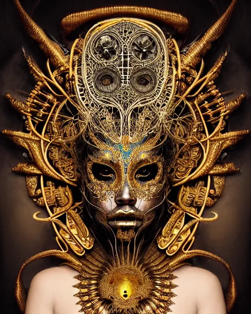 Prompt: hyperrealistic detailed portrait of a beautiful dark goddess in an intricate golden ornamental ritual mask, intricate cyberpunk make - up, insane details, art by ernst haeckel, nekro borja, android jones, alphonso mucha, gothic - cyberpunk, ornamental, beautiful deep colours,