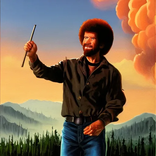 Image similar to bob ross painting a post - apocalyptic scenario