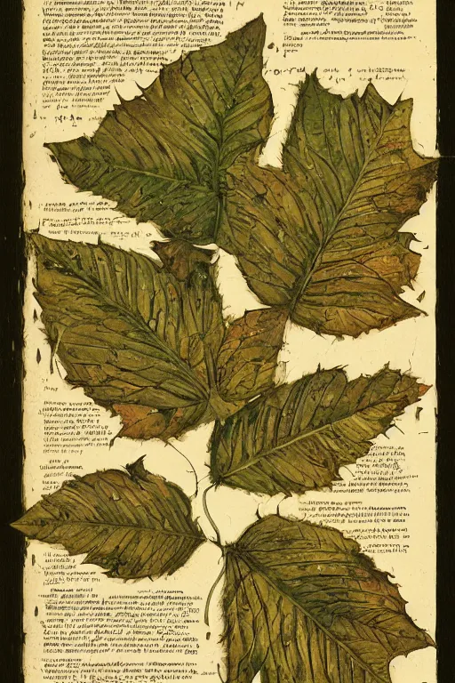 Image similar to scan of smiling leaves of an old cursed herbarium, by john howe, infographic, textbook, marginalia, cursed, alien