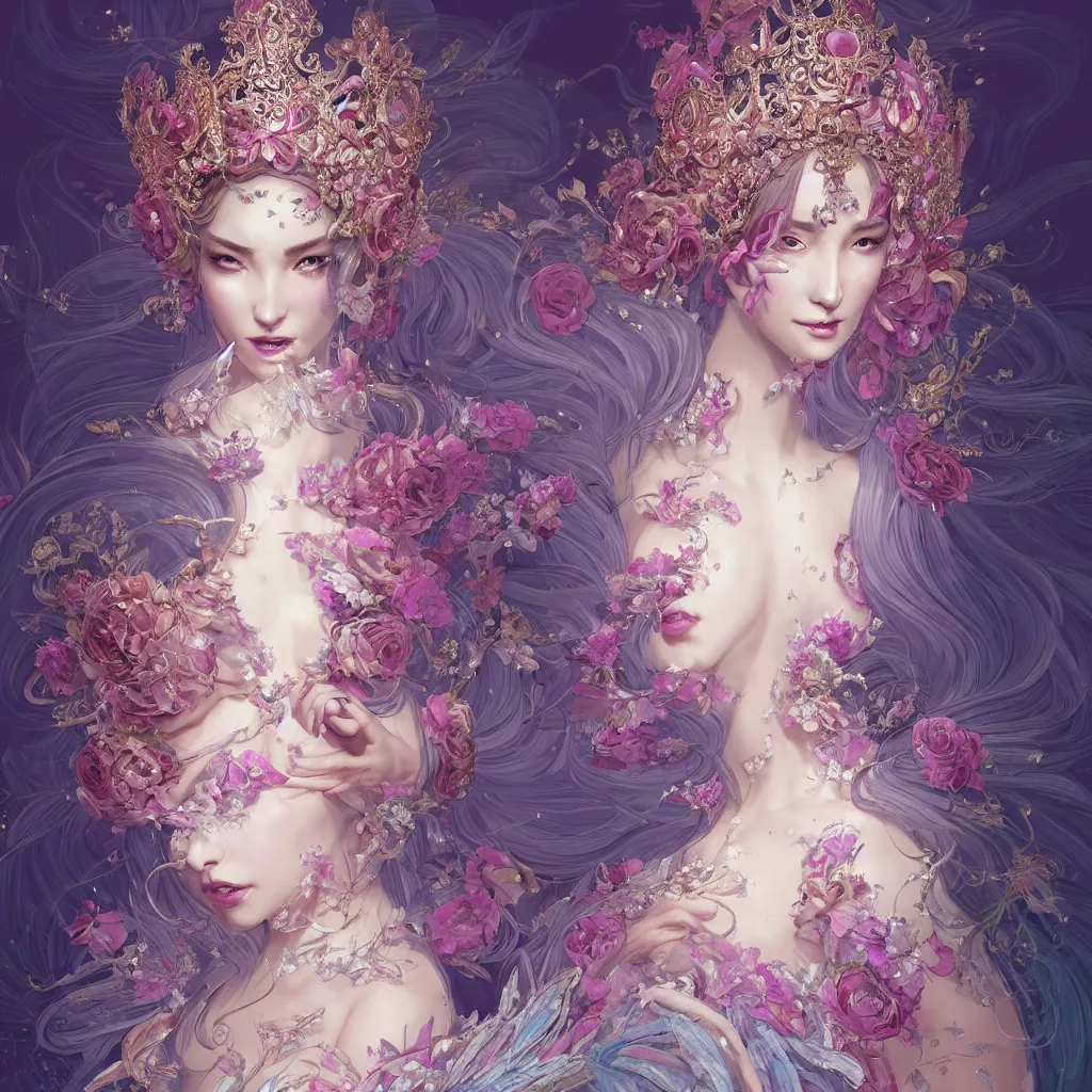 Image similar to A beautiful fantasy empress, highly detailed full body, breathtaking flower tiara, gorgeous aristocrat robe, beautiful figure, epic composition, ultra wide-shot, dynamic pose, concept art, beautifully lit, digital illustration, character design, ((sharp focus)), elegant, intricate, artstation, by WLOP and James Jean and Victo Ngai and Ryohei Hase