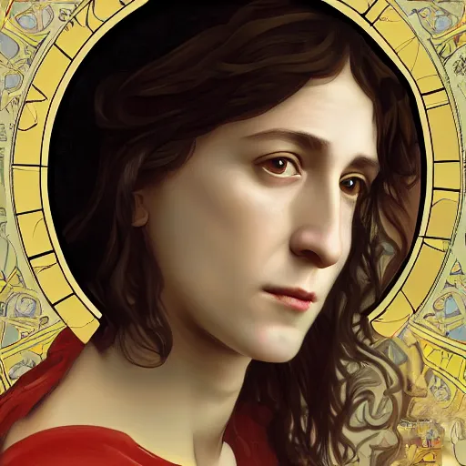 Image similar to portrait of charlotte gainsbourg as joan of arc, hyperreal digital painting, iconography influenced by alphonse mucha and eugene delacroix, arstation and deviantart trends, high resolution 8 k