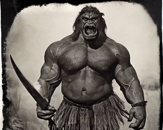 Image similar to realistic vintage photograph of a warrior ogre chieftain, tall, muscular, hulk like physique, sharp fangs and tusks, big arms, big hands, big feet, armored, tribal paint, highly detailed