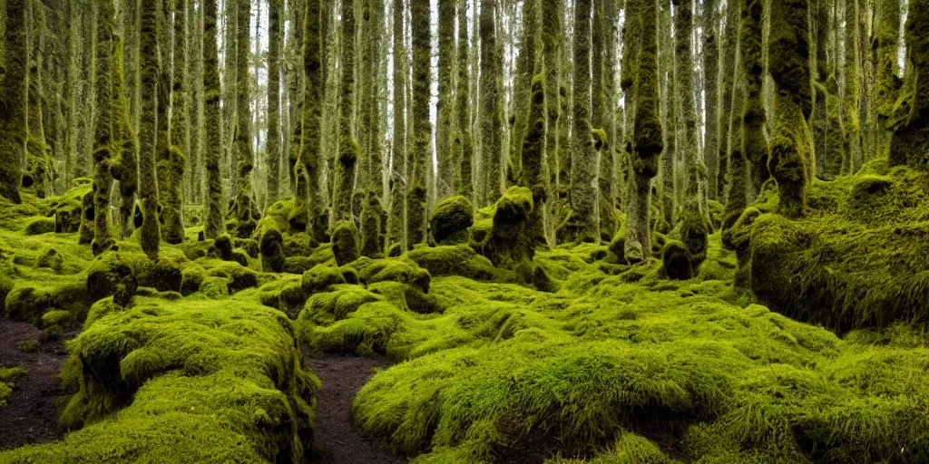 Image similar to photo of a landscape with lush forest, wallpaper, very very wide shot, iceland, new zeeland, green flush moss, national geographic, award landscape photography, professional landscape photography, iwagumi design, sharp rocks, ancient forest, sunny, day time, beautiful