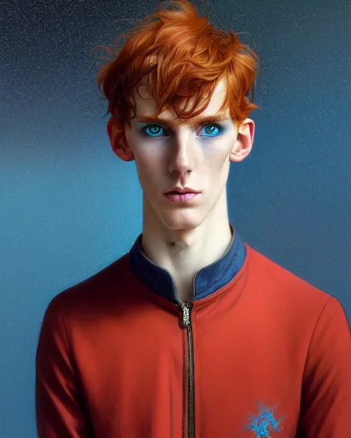 Prompt: symmetry!! portrait of tall, thin, 1 5 - year - old boy with a long nose, a lot of freckles, fiery red hair, and bright blue eyes, fantasy, intricate, highly detailed, digital painting, artstation, concept art, smooth, sharp focus, illustration, art by artgerm and greg rutkowski and alphonse mucha