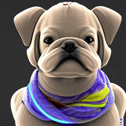 Image similar to robotic dog wearing a large scarf around its neck. 3 d render, oktane, post - processing, 8 k, cinematic lighting