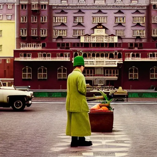 Prompt: a scene from wes anderson's grand hotel budapest, starring a pickle in the lead role opposite raph fiennes, realistic detailed cinematography