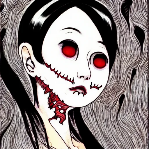 Image similar to a white girl withblack hair by junji ito, colored, realistic, horror