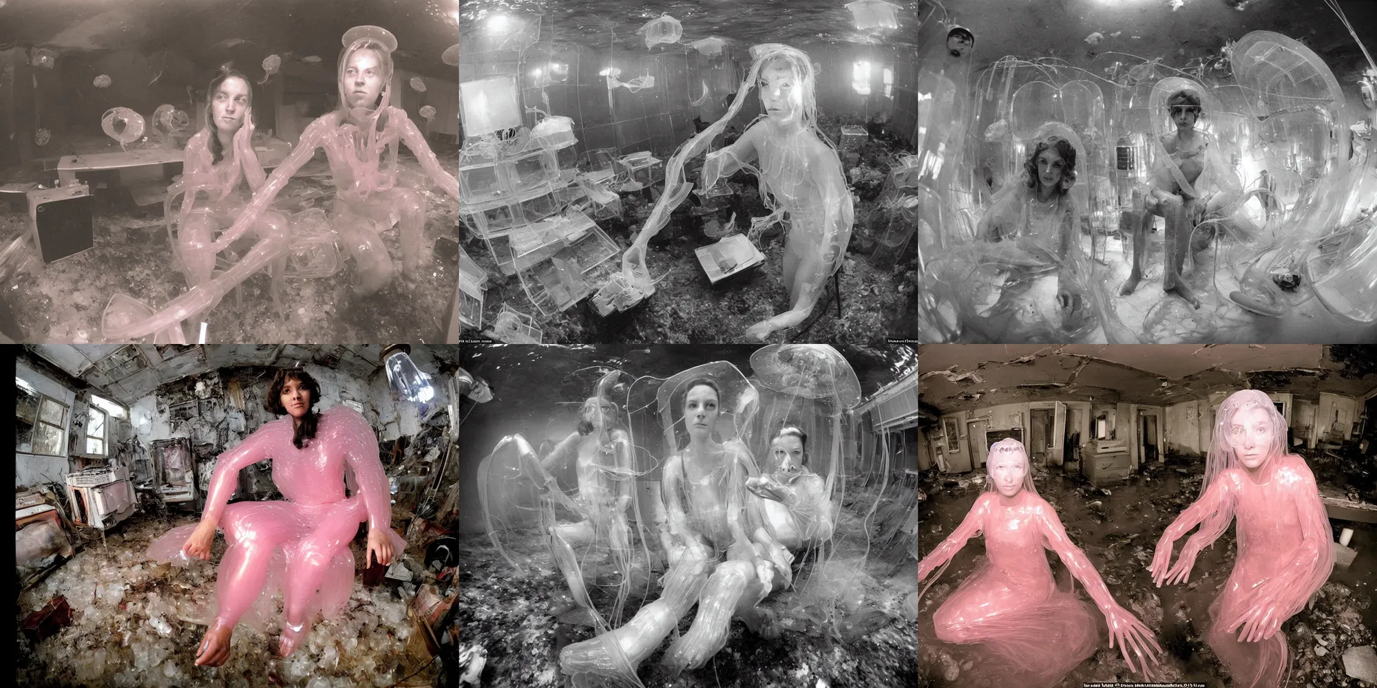 Prompt: fish-eye closeup photo : (subject= 'marjorie taylor greene' + subject detail= jellyfish human hybrid species wearing transparent jellyfish pink roman armor), sitting inside of a partially flooded 1970s abandoned hoarders house with a glowing soviet computer console