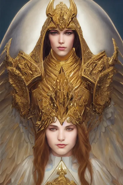 Prompt: portrait of a young beautiful Saint Celestine, intricate golden armor with angel wings, Warhammer 40k-inspired, fantasy, intricate, beautiful eyes, realistic face, cinematic lighting, highly detailed, digital painting, Artstation, concept art, smooth, sharp focus, illustration, art by Artgerm and Greg Rutkowski and Alphonse Mucha