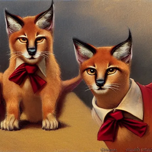 Prompt: three cute caracals wearing red ties, digital art, highly detailed by gaston bussiere, craig mullins, j. c. leyendecker 8 k