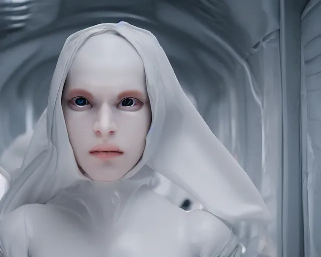 Image similar to a film still of a synthetic female human wrapped in white cloth, in neotokyo, cinematic lighting, high resolution, 4 k