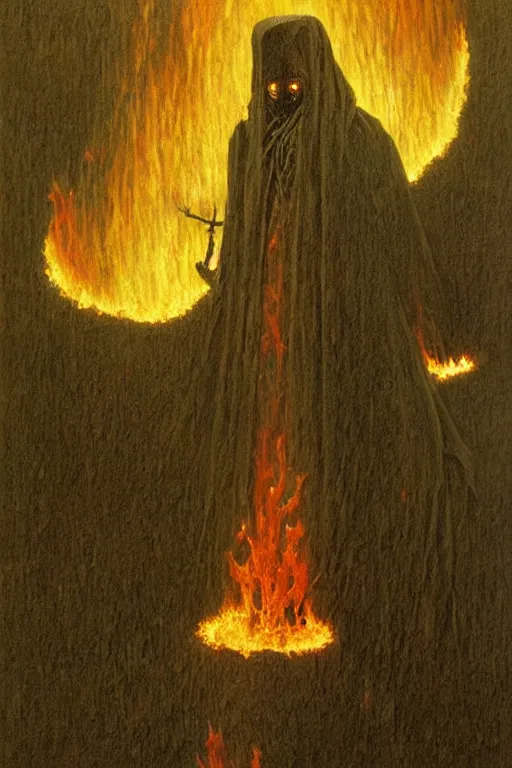 Image similar to plague doctor from iron gridle but human form, destroyed city and flames by zdzislaw beksinski, color