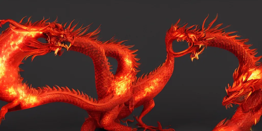 Image similar to a very very beautiful Chinese Fire Dragon on a black background, character design, Octane Render, 4k, photoreal, ultra-detailed