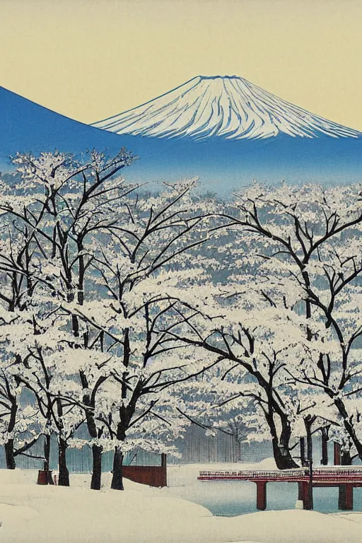Image similar to Winter,Town at the Foot of Mount Fuji, by Taizi Harada.