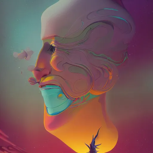 Image similar to colourful breathtakingly weird beautiful powerful magical wonderfully majestic beautifully quirky incredibly cool character by michael whelan, moebius, beeple, dan mcpharlin, pascal blanche, symmetrical, serene expression, magical stormy reflections, smoke on water, sat down, 8 k artstation