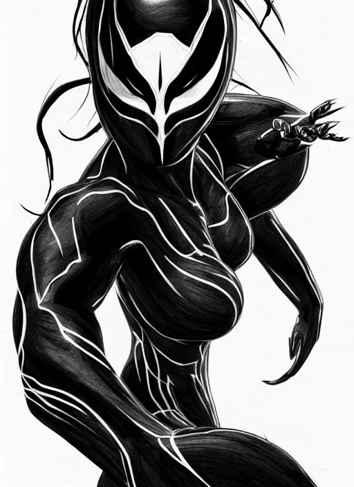 Image similar to symmetry concpet art, full shot, traditional ink, sketch, of megan fox as venom, line sketch, intricate, elegant, highly detailed, monochrome, digital painting, artstation, concept art, sharp focus, illustration, art by borderlands 3 and peter polach