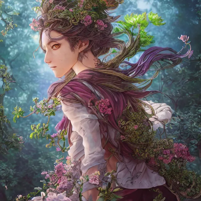 Image similar to the portrait of chaotic good female druid botanist as absurdly beautiful, gorgeous, elegant, young anime girl, an ultrafine hyperdetailed illustration by kim jung gi, irakli nadar, intricate linework, sharp focus, bright colors, octopath traveler, final fantasy, unreal engine 5 highly rendered, global illumination, radiant light, detailed and intricate environment