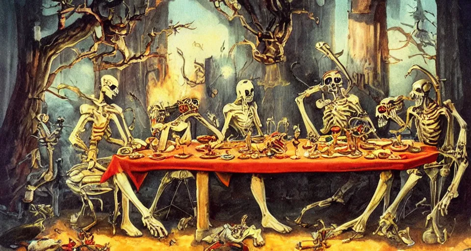 Prompt: Vintage fantasy art of a necromancer being served dinner by his loyal skeletons.