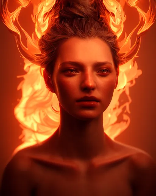 Prompt: Beautiful art portrait of fire elemental woman, atmospheric lighting, intricate detail, cgsociety, hyperrealistic, octane render, RPG portrait, ambient light, dynamic lighting