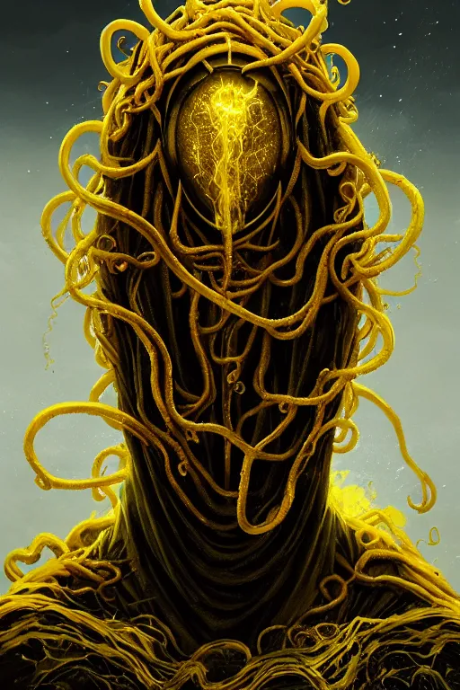 Image similar to A full body portrait of a mysterious character with no face with a very long hooded yellow cloak, a golden crown floating above his head tentacles coming out the ground art by Maciej Kuciara, Lee Griggs and Jason Chan, ominous, cosmic horror, trending on artstation, Ultra detailed, hyper realistic 4k