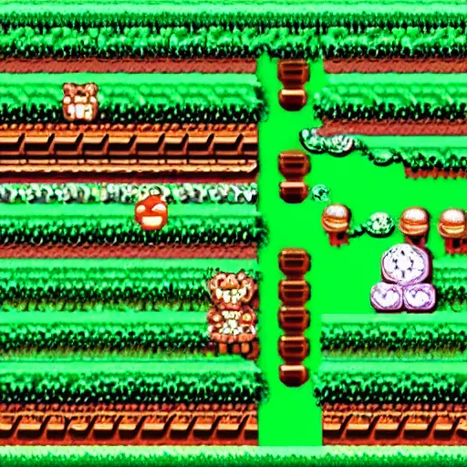 Image similar to detailed screenshot of a forest level in super mario world 2 : yoshi's island ( 1 9 9 5 ) on the super nintendo ( snes ), 1 6 - bit sprites