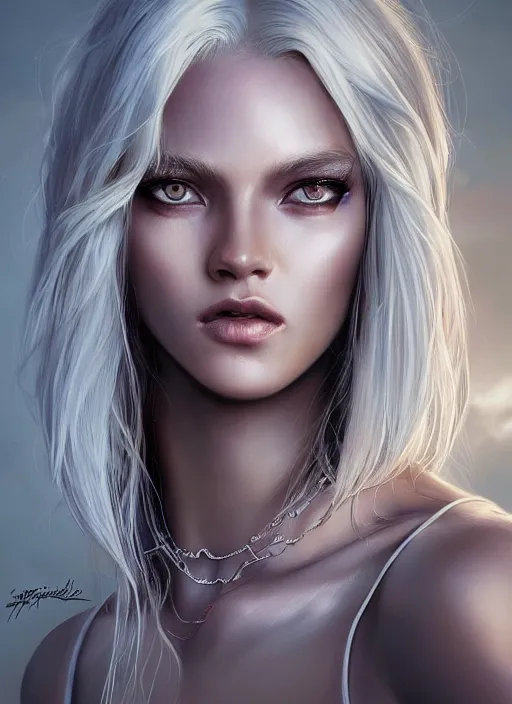 Prompt: girl with unkempt gold and silver hair, beautiful highly detailed face, complementary lighting, backlit, eyeshadow, divine, beautiful painting by artgerm and greg rutkowski and raymond swanland