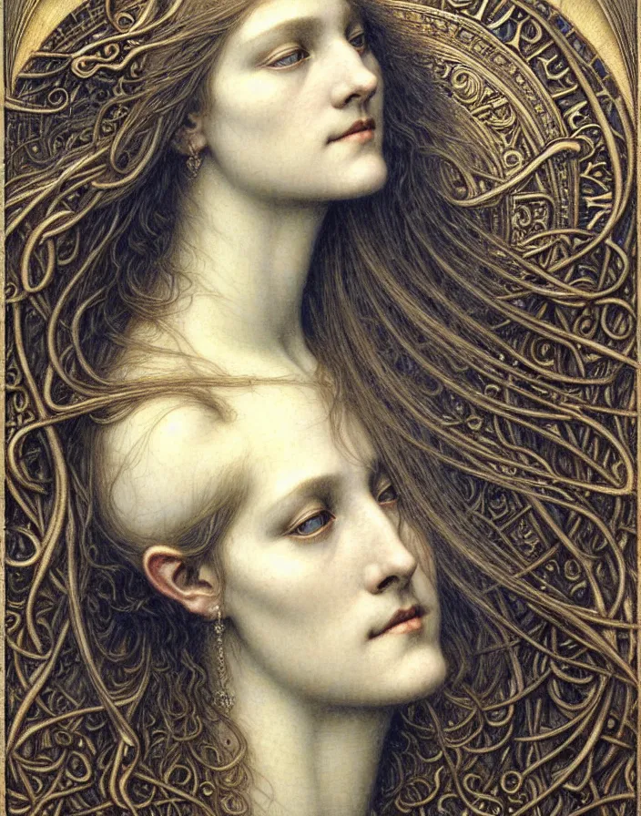 Image similar to detailed realistic beautiful young medieval queen face portrait by jean delville, gustave dore and marco mazzoni, art nouveau, symbolist, visionary, gothic, pre - raphaelite. horizontal symmetry