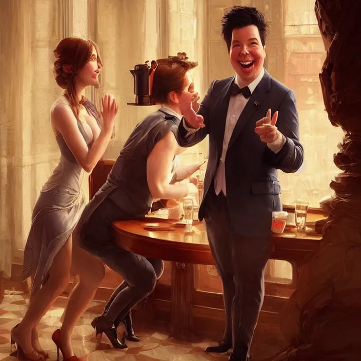 Image similar to michael mcintyre flirting with a singing waitress, elegant, real life skin, intricate artwork, high detailed, artstation, concept art, smooth, sharp focus, art by artgerm and greg rutkowski