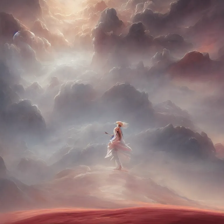 Image similar to a swirling otherworldly angelic figure shrouded in red robes and white mist emerges from an extensive colorful dune scape with a stairway of floating boulders, windswept, sand, rocks, sparse vegetation, distant cityscape, grey cloudy skies, distant ocean, contrejour lighting, high contrast, highly detailed, a matte painting by Peter Mohrbacher and Filip Hodas