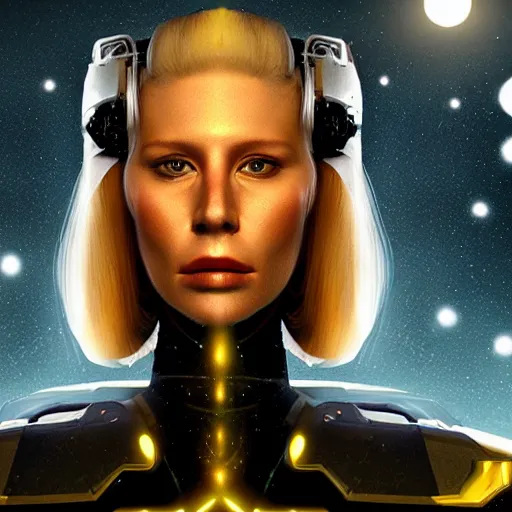 Image similar to panorama of a very pretty blond borg queen on a borg ship, cybernetic implants, perfect face, symmetrical face, moody lighting, shallow depth of field, artstation concept,