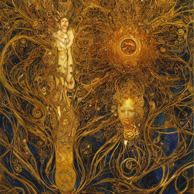 Image similar to Divine Chaos Engine by Karol Bak, Jean Deville, Gustav Klimt, and Vincent Van Gogh, visionary, sacred fractal structures, ornate gilded medieval icon, spirals, 8k 3D