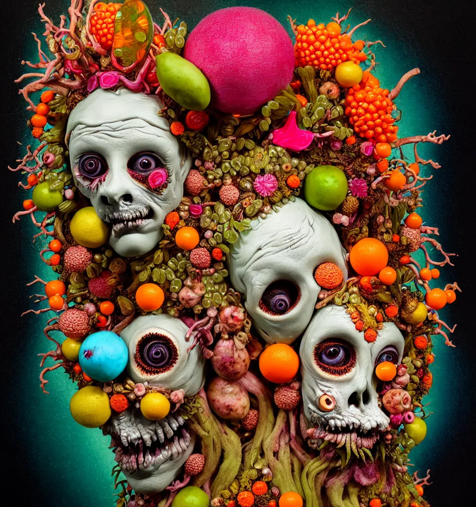 Prompt: headshot of a trickster nature zombie, head made of fruit and flowers in the style of arcimboldo, fragonard, covered with tendrils and snail shells, oil painting, ethereal, volumetric lighting, action figure, clay sculpture, claymation, turquoise pink and orange, botanical rainbow backdrop