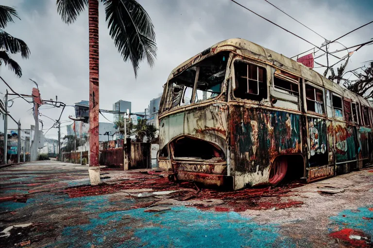 Image similar to low wide angle shot of dilapidated fallout 5 miami, tropical coastal city, desolate, dilapidated neon signs, few rusted retro futuristic vintage parked vehicles like cars, buses, trucks, trams, volumetric lighting, photorealistic, fog, daytime, autumn, overcast weather, sharp focus, ultra detailed, 4 0 0 0 k