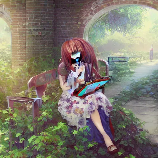 Prompt: advanced digital art. an abandoned train station overgrown with vines and flowers, A beautiful girl with long blue hair is sitting on a bench reading. Digital Anime painting. Drawn by Sakimichan, WLOP, RossDraws, pixivs and Makoto Shinkai, trending. —H 2160