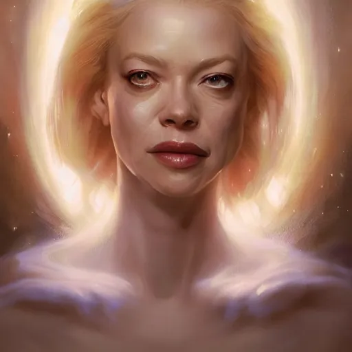 Prompt: Portrait of Jeri Ryan as a beautiful pale laughing angelic maiden with angel wings, and a glowing halo, white lighting, digital art by Ruan Jia and Mandy Jurgens and Artgerm, highly detailed, trending on artstation, award winning,